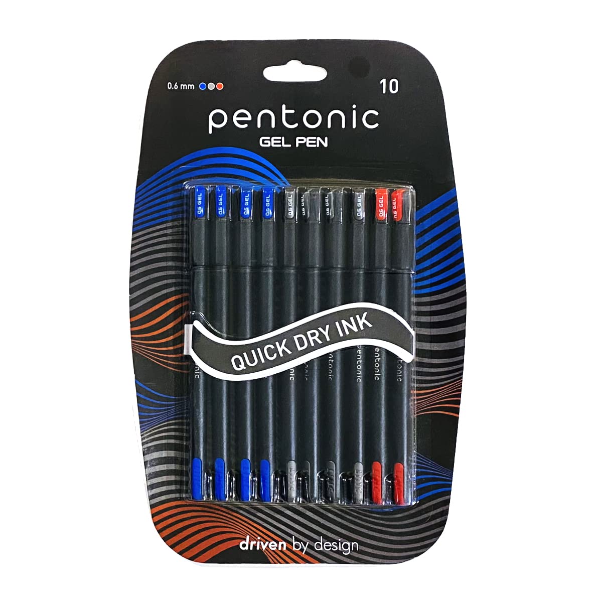 Set of ten Pentonic 0.6 mm gel pens in blister pack