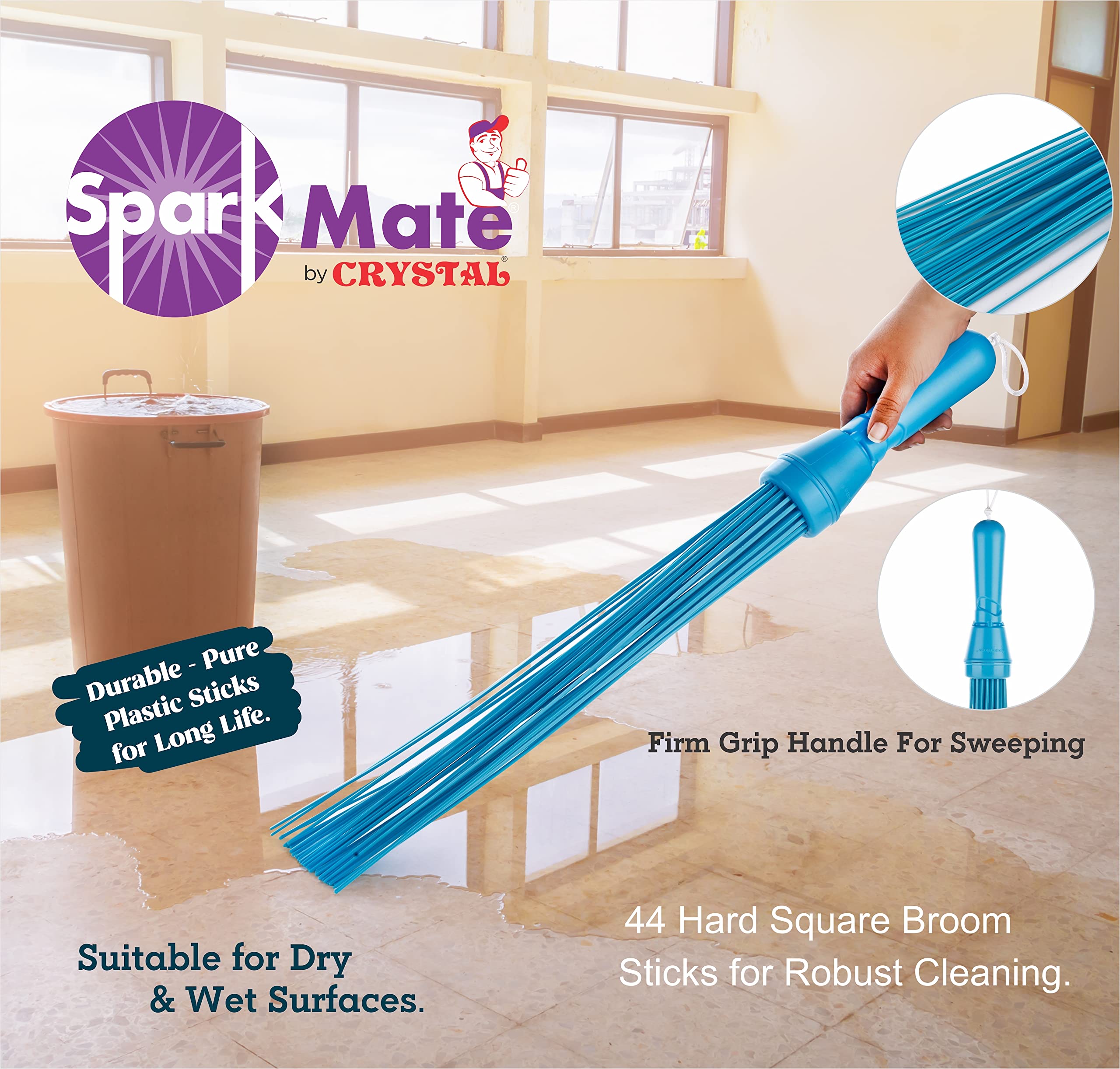 Sparkmate By Crystal Kharata/Plastic Stick Broom/Jhadu for Home and Bathroom Cleaning, Assorted, Hard Floor – view 3