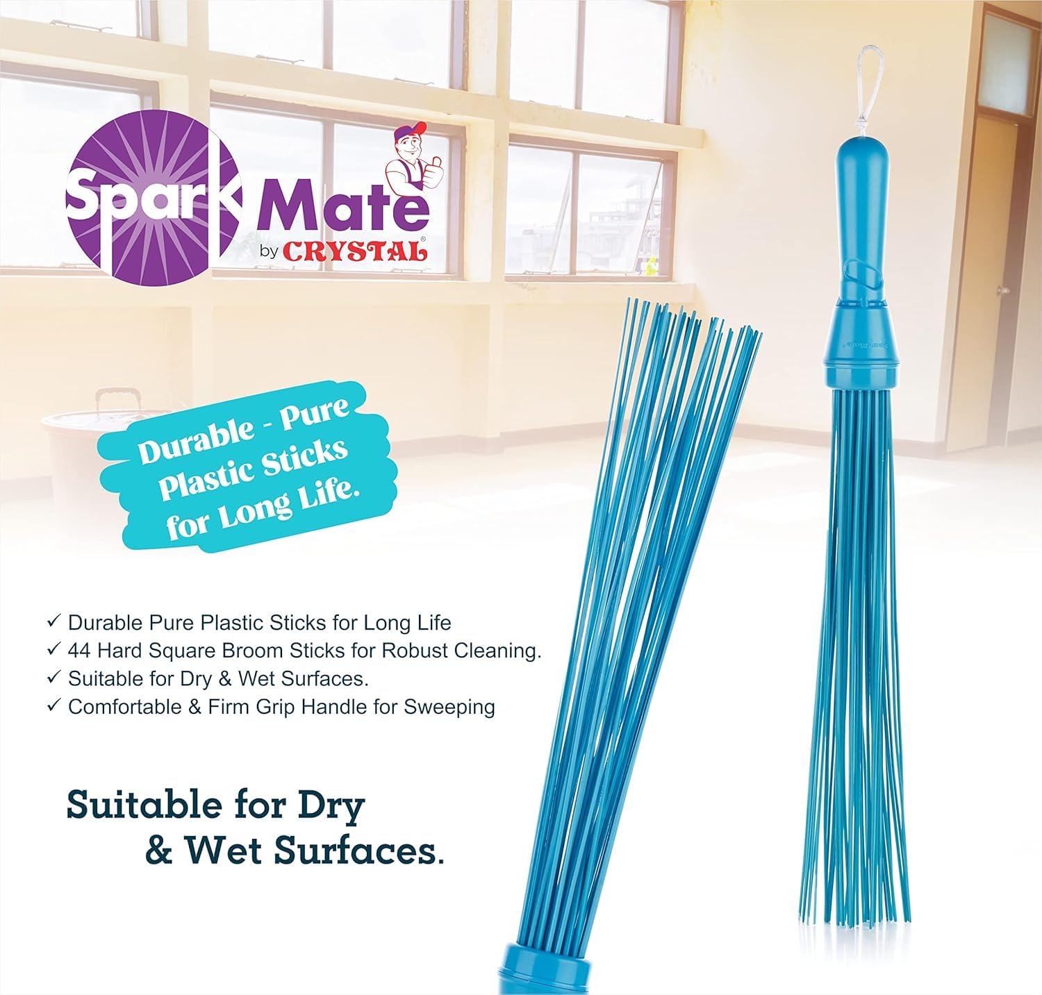 Sparkmate By Crystal Kharata/Plastic Stick Broom/Jhadu for Home and Bathroom Cleaning, Assorted, Hard Floor – view 4
