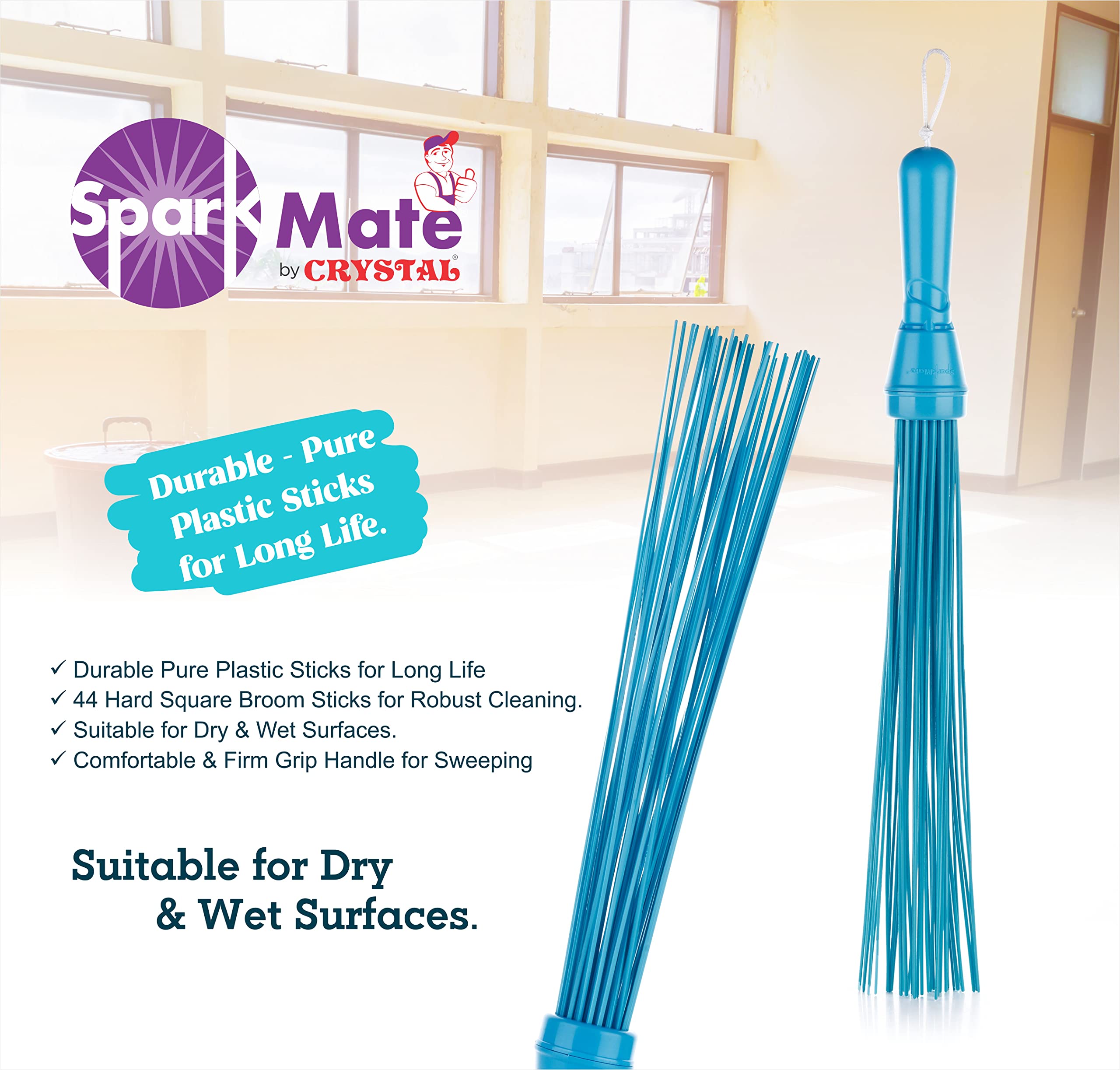 Sparkmate By Crystal Kharata/Plastic Stick Broom/Jhadu for Home and Bathroom Cleaning, Assorted, Hard Floor – view 6