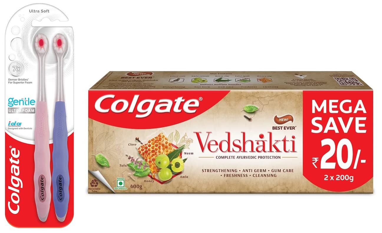 Colgate Gentle UltraFoam brushes and ayurvedic toothpaste pack