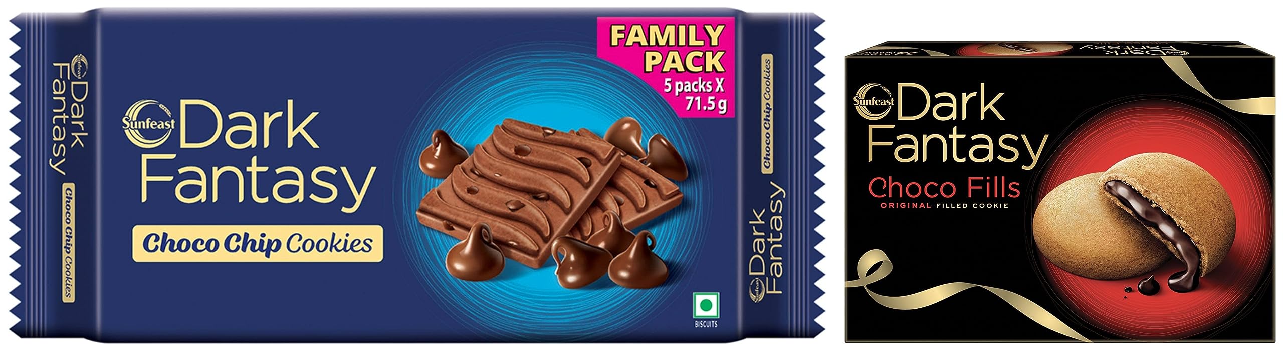 Pack of Sunfeast Dark Fantasy chocolate cookies with filled and chip varieties