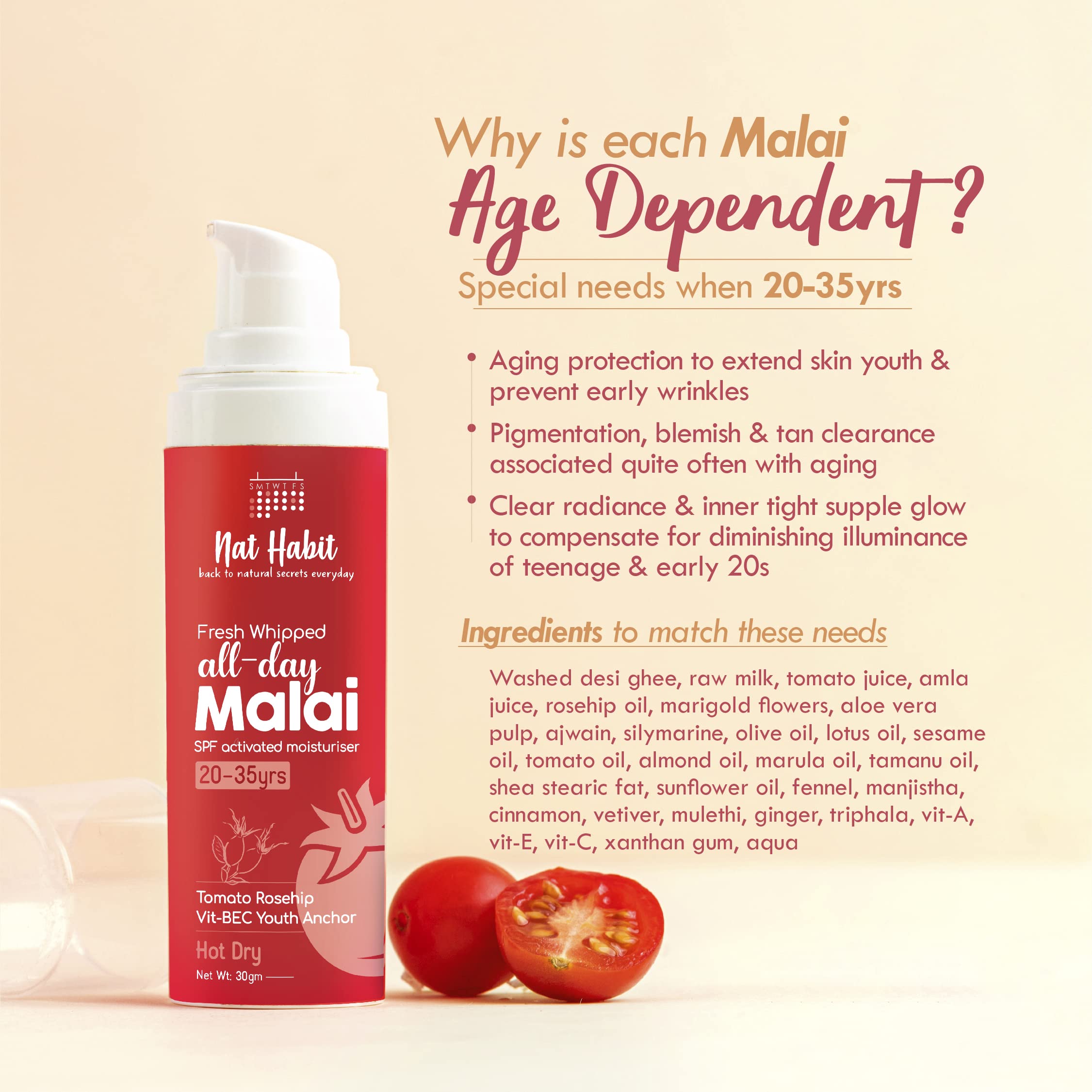Nat Habit All-Day Face Moisturizer Fresh Whipped Tomato Rosehip Vit-BEC Youth Anchor Face Malai For Sun Protection In Hot and Dry Weather (Ages 20-35) - 30g – view 5