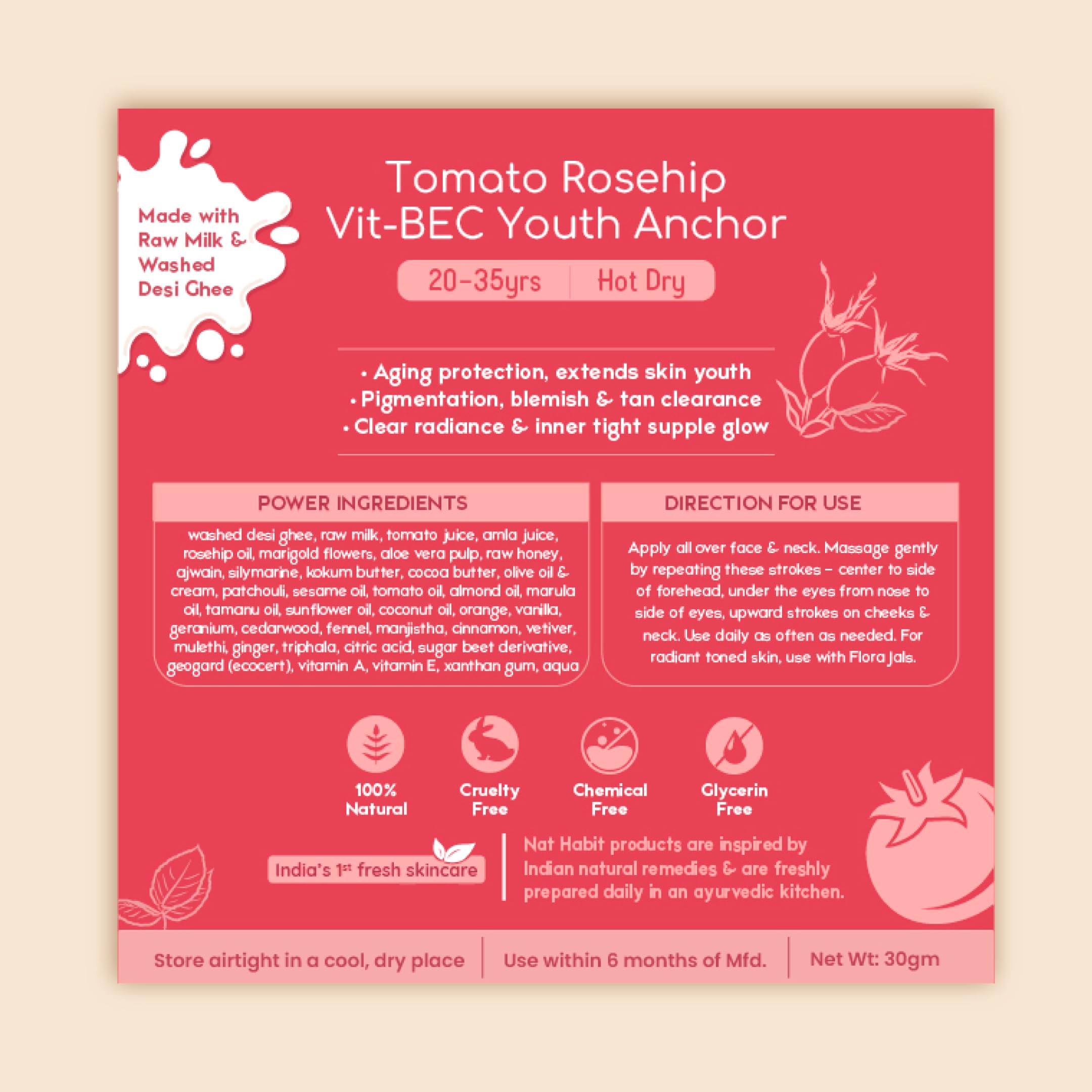 Nat Habit All-Day Face Moisturizer Fresh Whipped Tomato Rosehip Vit-BEC Youth Anchor Face Malai For Sun Protection In Hot and Dry Weather (Ages 20-35) - 30g – view 7