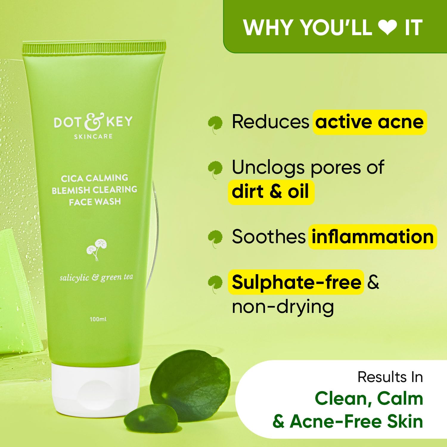 Dot & Key CICA Face Wash for Acne Prone Skin, 2% Salicylic Acid Face Wash with Green Tea – view 2