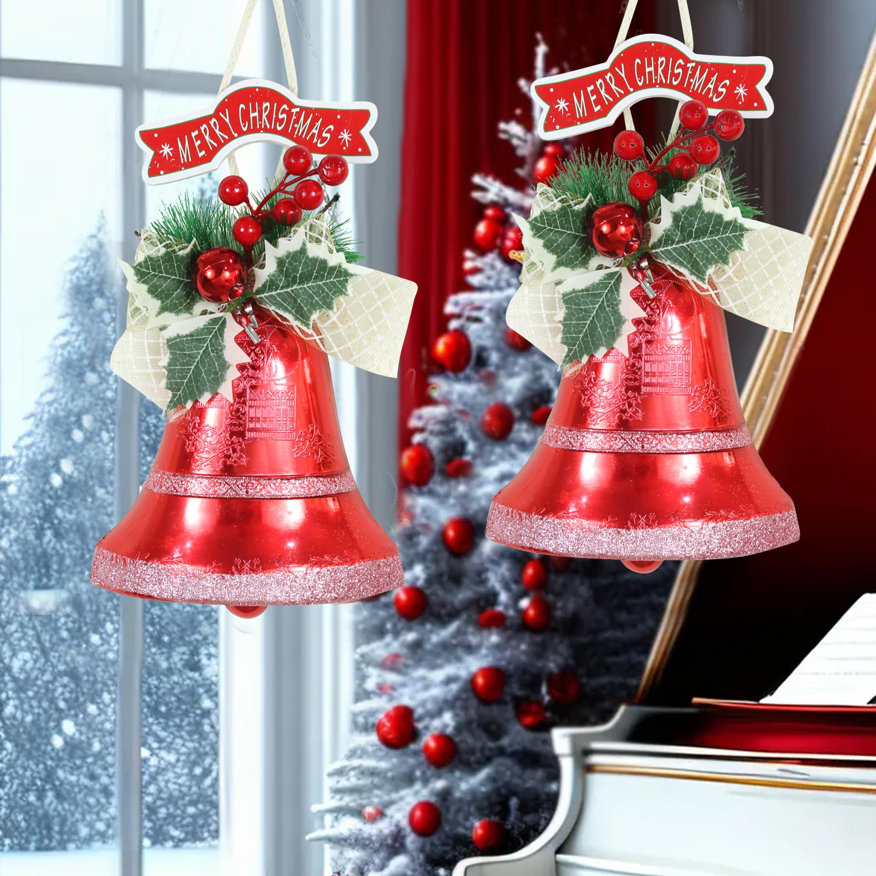 TIED RIBBONS Set of 2 Christmas Tree Bells (Big Size, 35.5 cm x 16.5 cm) for Decoration Wall Door Tree Hanging Large Size Ornaments Props Xmas Accessories - Red Christmas Decorations Items for Home