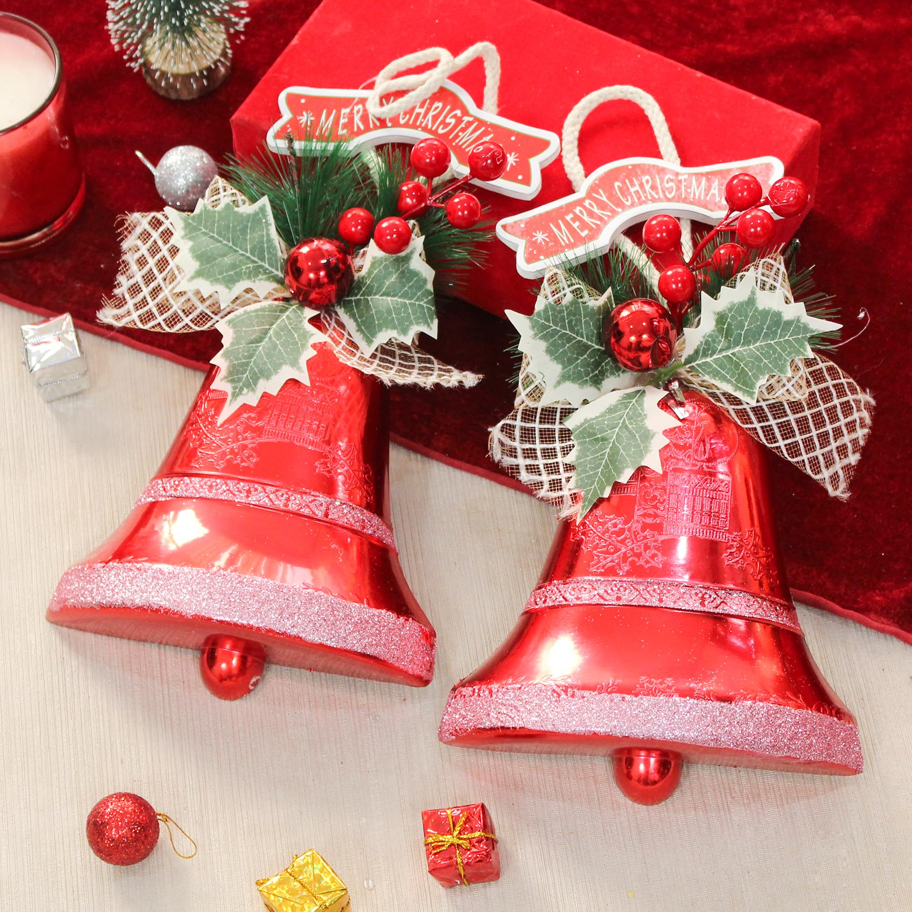 TIED RIBBONS Set of 2 Christmas Tree Bells (Big Size, 35.5 cm x 16.5 cm) for Decoration Wall Door Tree Hanging Large Size Ornaments Props Xmas Accessories - Red Christmas Decorations Items for Home – view 3