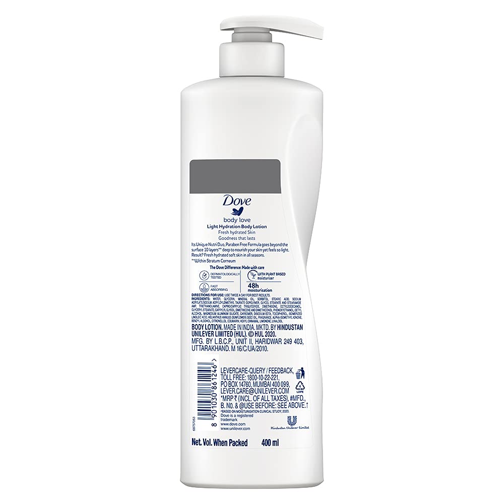 Dove Body Love Light Hydration Body Lotion For All Skin Types Paraben Free, 48hrs Moisturisation with Plan Based moisturiser, Fresh Hydrated Skin 400ml – view 2