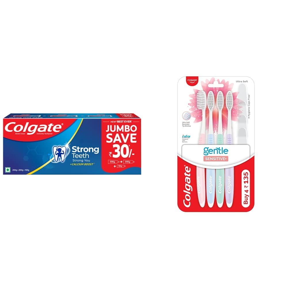 Colgate Strong Teeth Cavity Protection Toothpaste, Colgate Toothpaste with Calcium Boost, 500gm Saver Pack, India's No.1 Toothpaste & Colgate Sensitive Soft Bristles Toothbrush - 4 Pcs – view 1