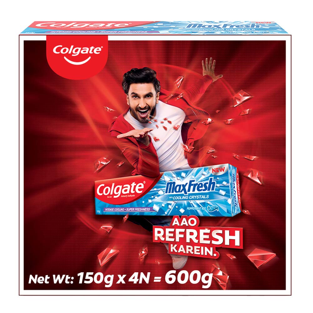 Four tubes of Colgate Max Fresh Blue Gel toothpaste Peppermint Ice