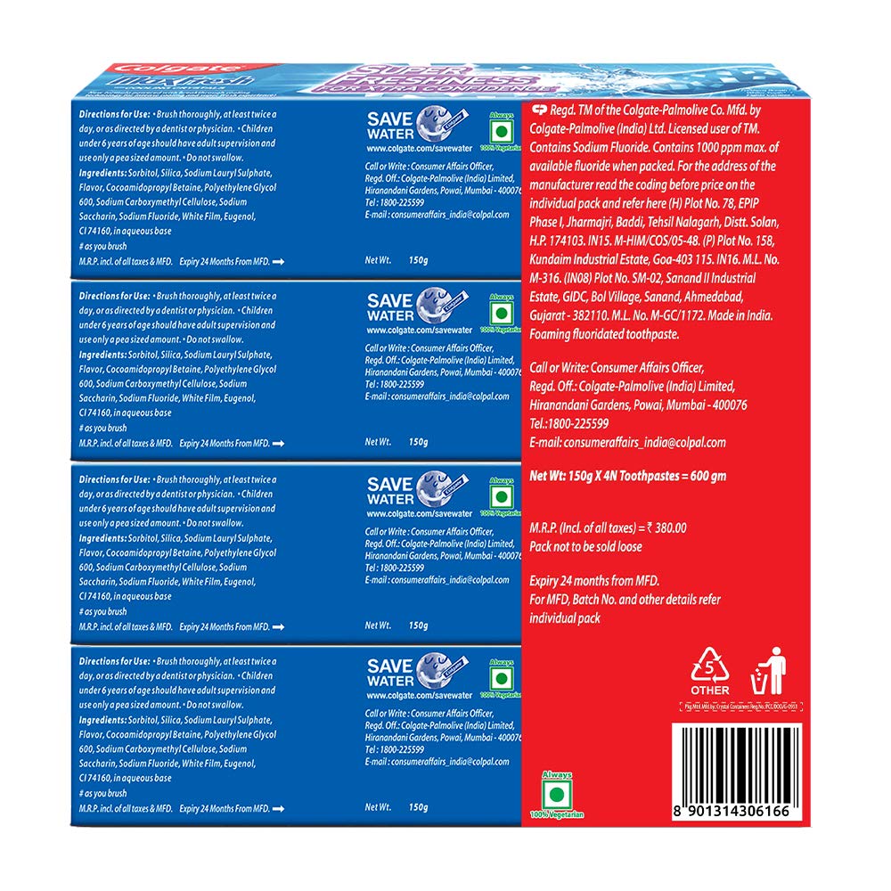 Colgate Max Fresh Blue Gel Anticavity Toothpaste, Peppermint Ice - 600 g (150 g - Pack of 4) – view 6