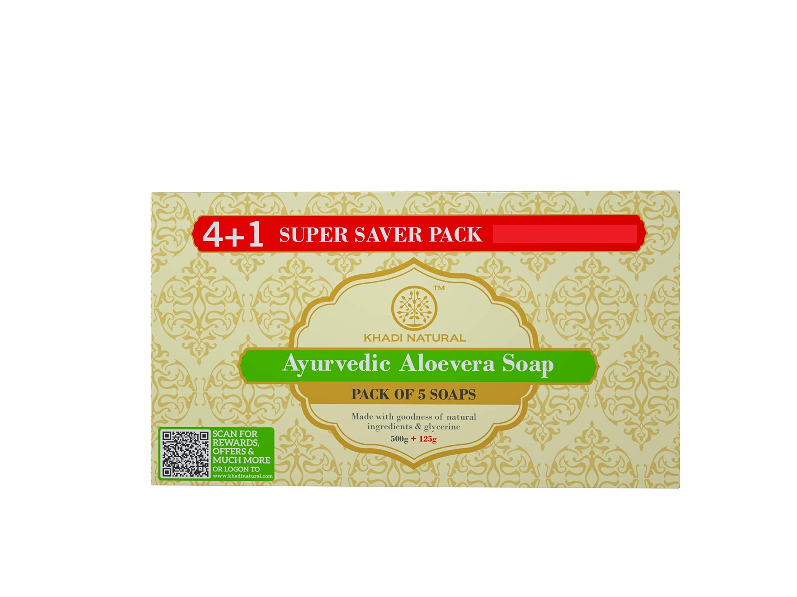 Five Khadi Natural aloe vera soap bars in value pack box