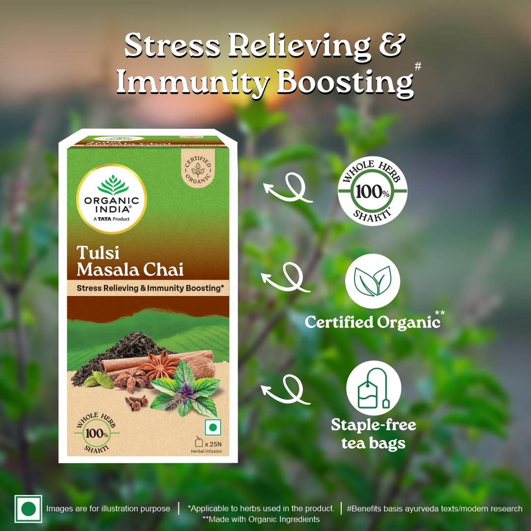 A TATA Product - Organic India Tulsi Masala Chai, 25 Tea Bags, Stress Relieving*, Refreshing And Relaxing, 100% Whole Herb Power*, Certified Organic, Unbleached Filter Paper Tea Bags – view 3