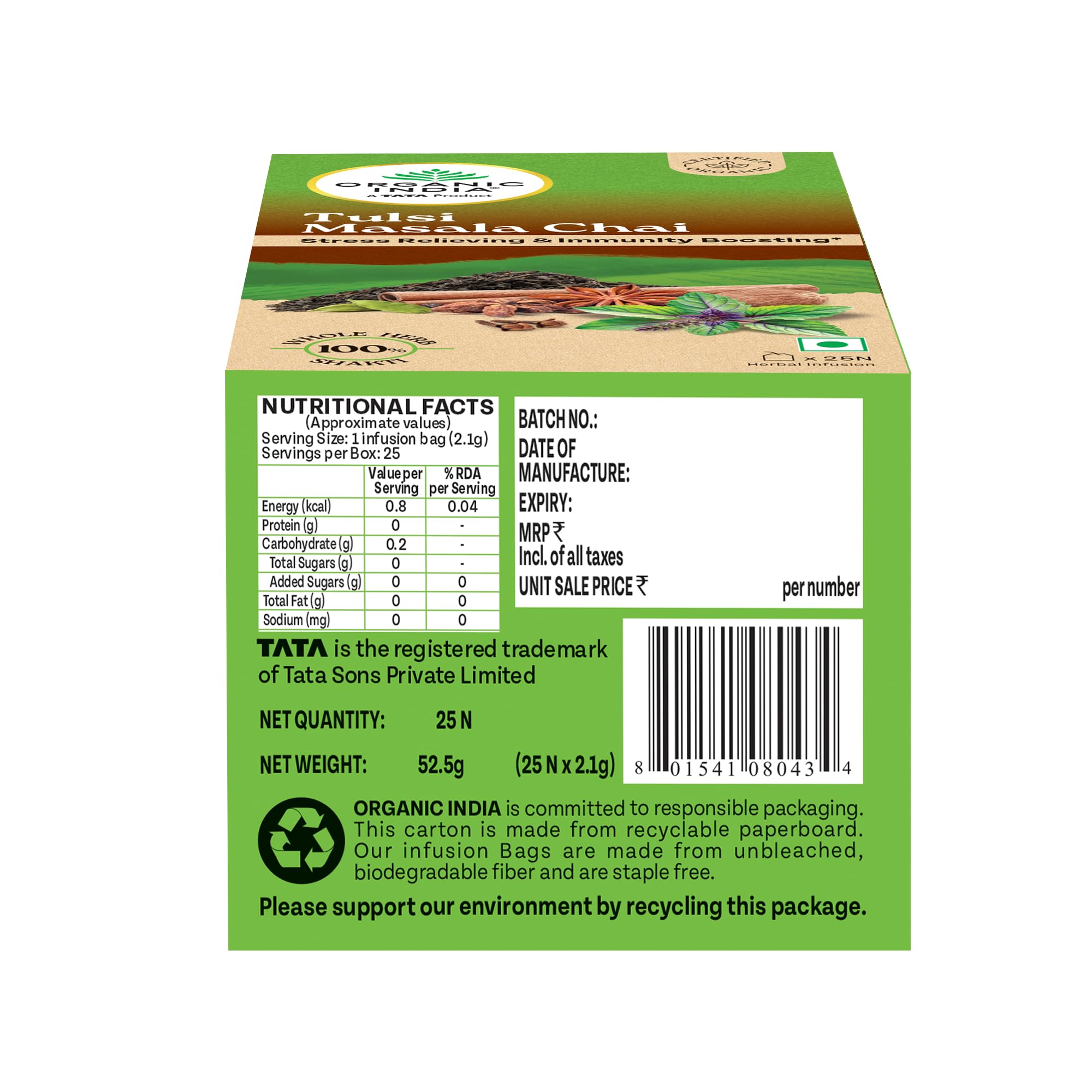 A TATA Product - Organic India Tulsi Masala Chai, 25 Tea Bags, Stress Relieving*, Refreshing And Relaxing, 100% Whole Herb Power*, Certified Organic, Unbleached Filter Paper Tea Bags – view 5