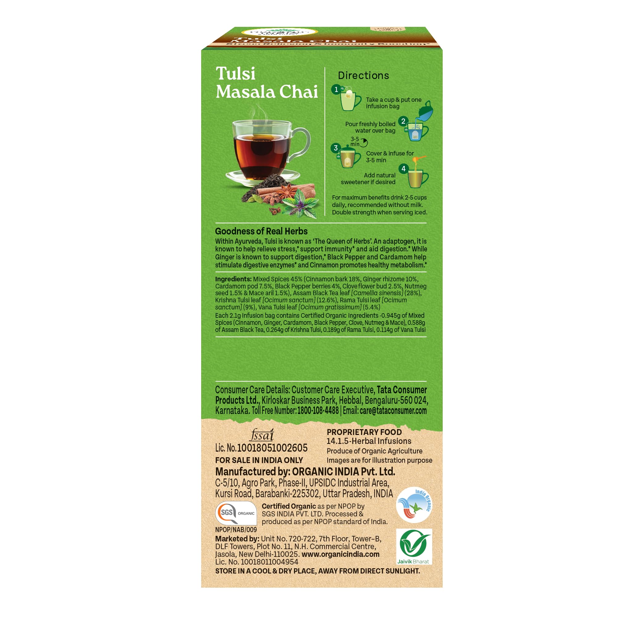 A TATA Product - Organic India Tulsi Masala Chai, 25 Tea Bags, Stress Relieving*, Refreshing And Relaxing, 100% Whole Herb Power*, Certified Organic, Unbleached Filter Paper Tea Bags – view 8