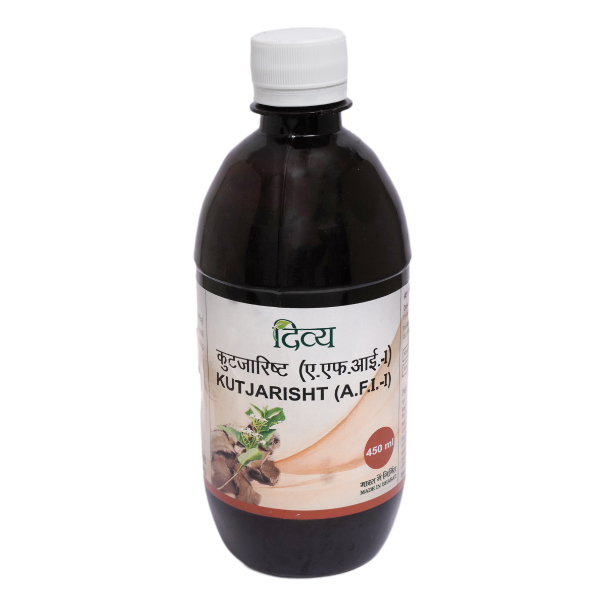 Front label of Divya Kutajarishta 450 ml syrup bottle