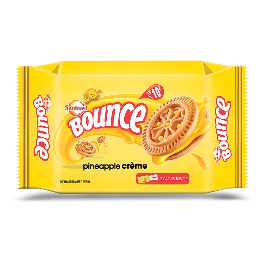 Front pack of Sunfeast Bounce Pineapple Zing cream biscuits