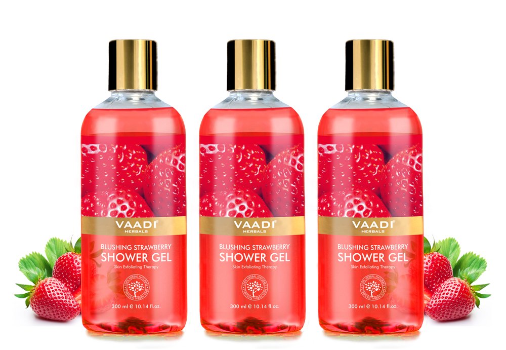 Three Vaadi Herbals strawberry shower gel tubes for dry skin
