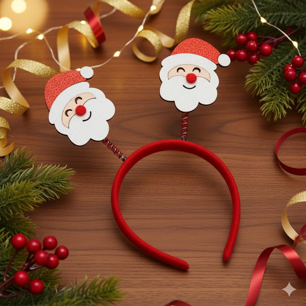 Festive red fabric headband with Santa Claus and Xmas tree design