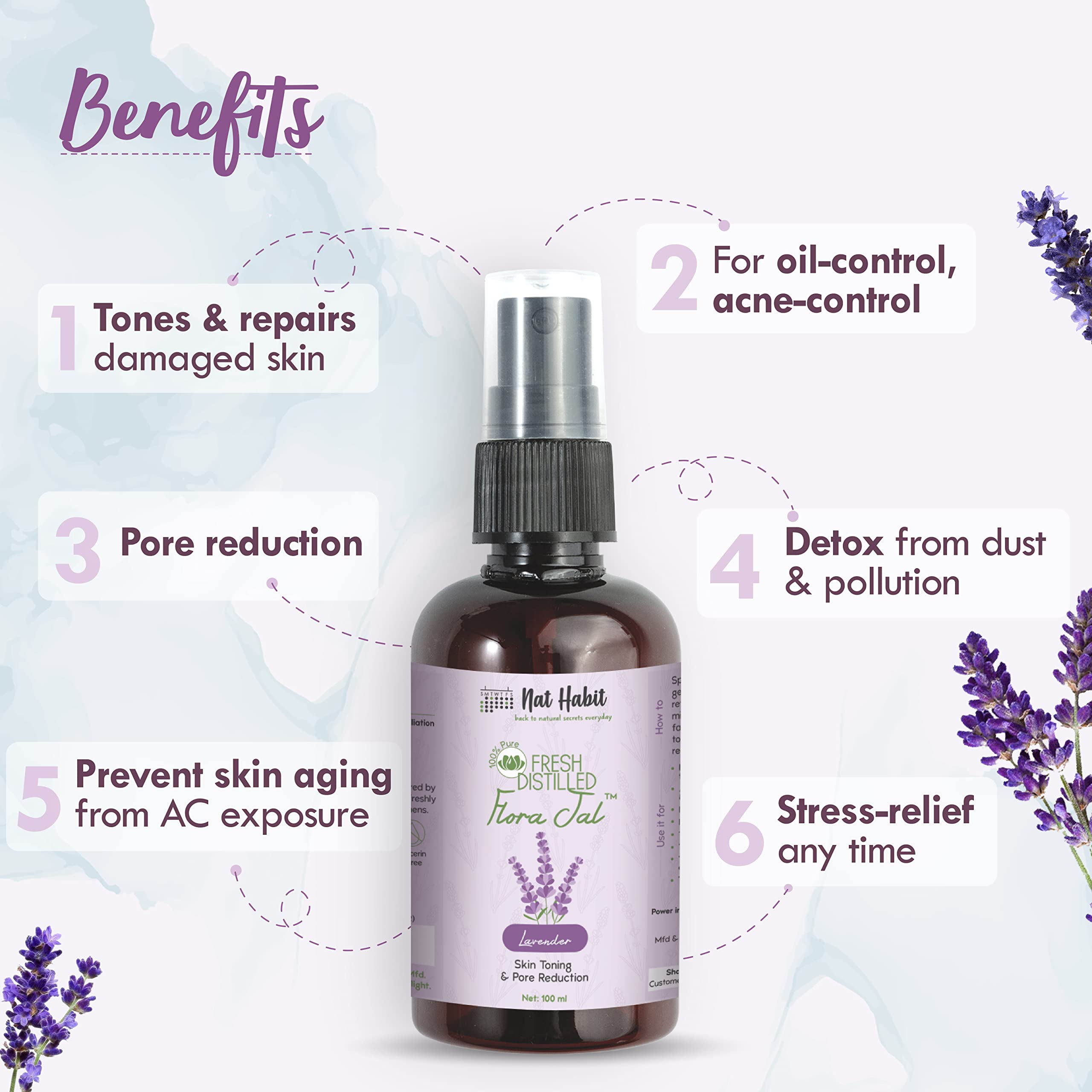 Nat Habit - 100% Pure Lavender Jal - Lavender Water, Toner, Face-Mist, Astringent & Face Spray, Ayurvedic Steam-Distilled For Oil-Control, Acne-Control, Skin Hydration (Pack of 1, 100 ml) – view 3