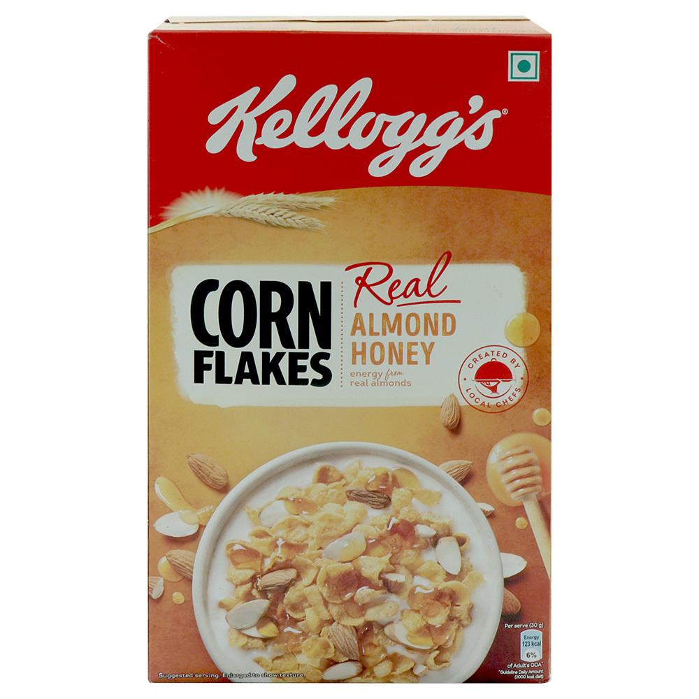 Front view of Kellogg's Almond Honey Corn Flakes 650 g box