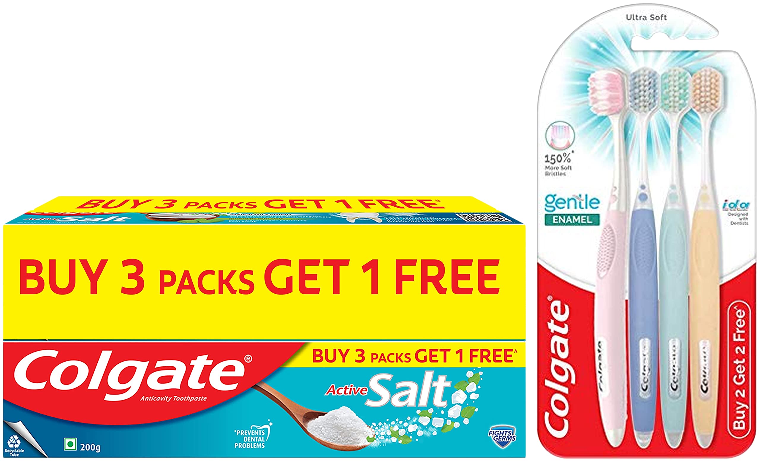 Mint toothpaste and four soft Colgate toothbrushes for enamel care