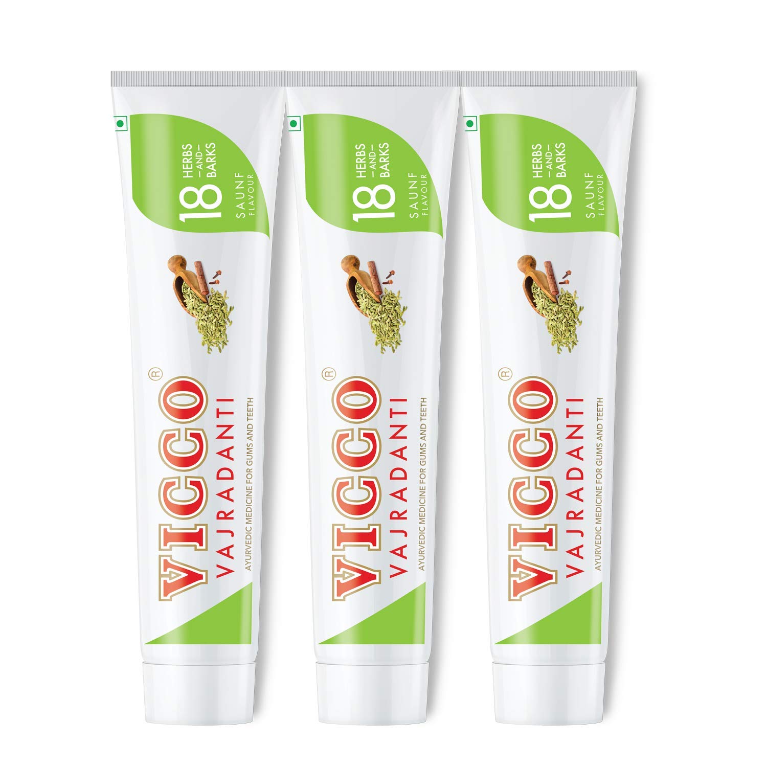 Vicco Vajradanti herbal toothpaste tubes in Dalchini flavour pack