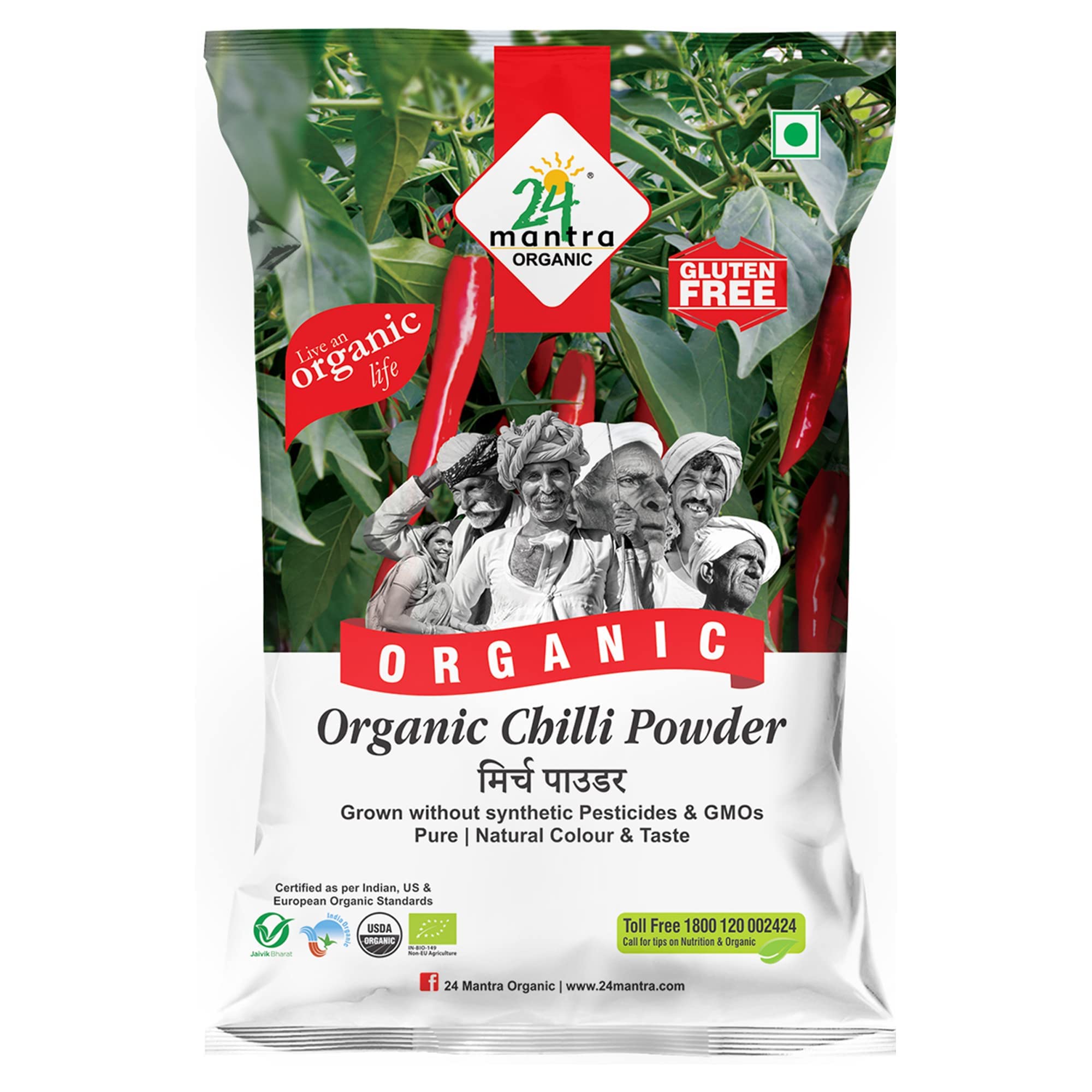 Front view of 24 Mantra Organic red chilli powder bag