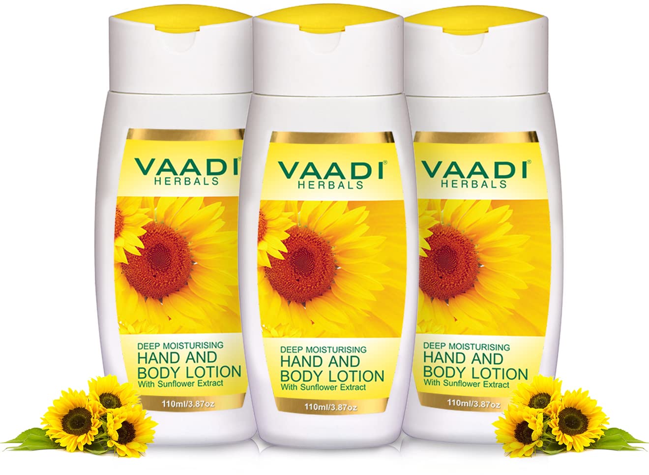 Three Vaadi Herbals hand and body lotion bottles with sunflower extract