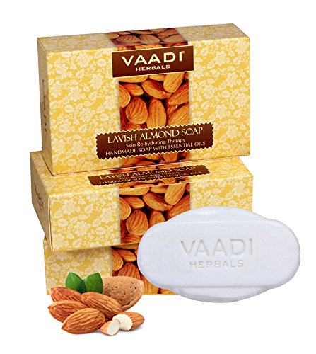 Three Vaadi Herbals Lavish Almond Soap bars in retail box