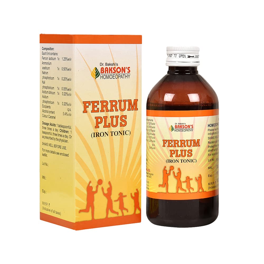 Bakson's Ferrum Plus homeopathic iron tonic syrup bottle