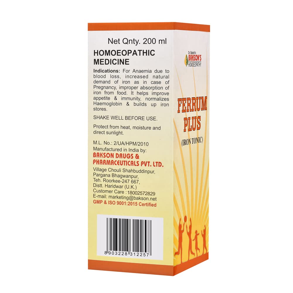 Dr. Bakshi's BAKSON'S HOMOEOPATHY Bakson's Homoeopathy Ferrum Plus (Iron Tonic) Syrup (Syrup, 200Ml) – view 2