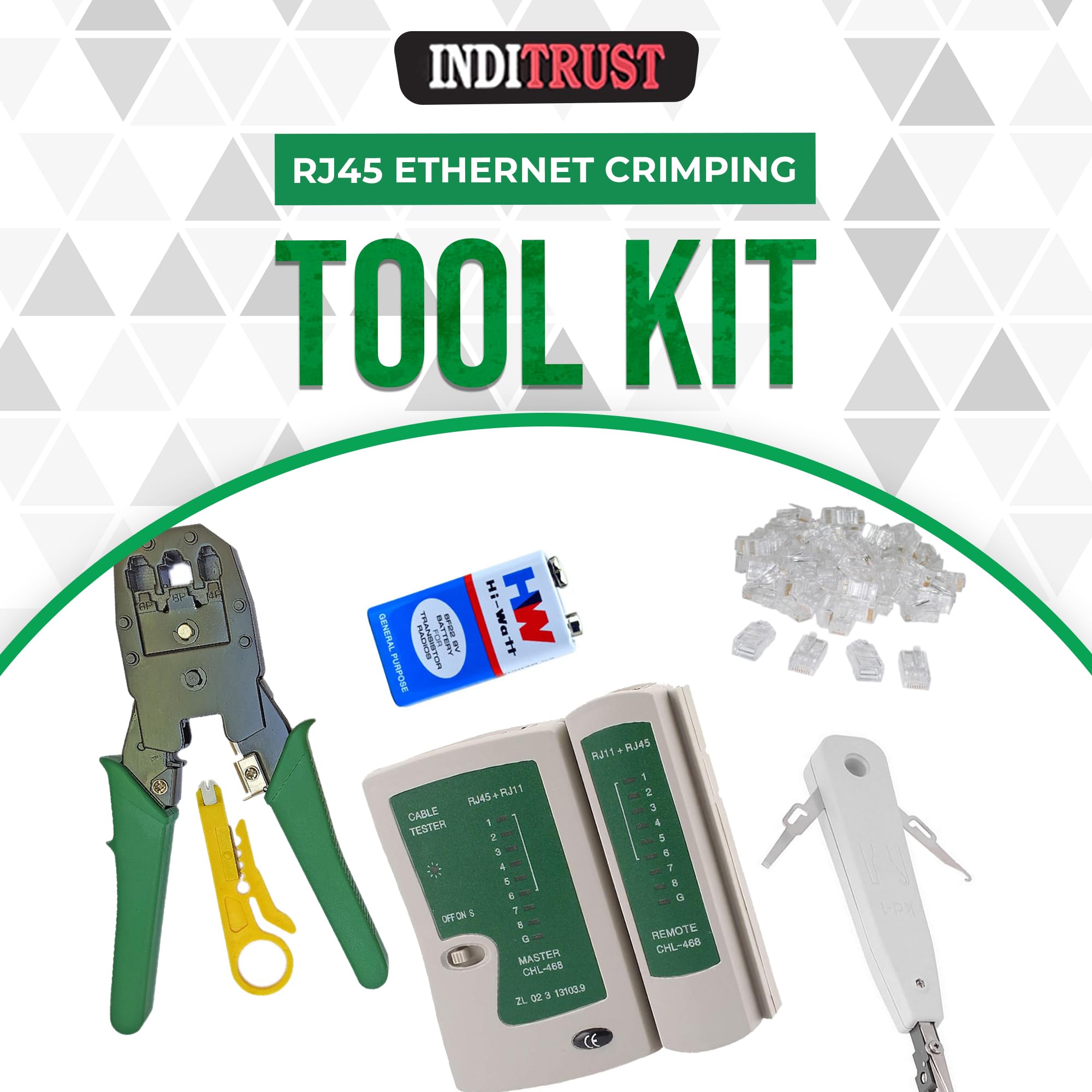 Inditrust Rj45 Rj11 Crimping Tool, double colour grip 150B cutter, KD-1 Professional Punch Down Tool, Network Lan Cable Tester, 9V battery & 25 Pcs RJ45 Connectors Combo Set – view 2