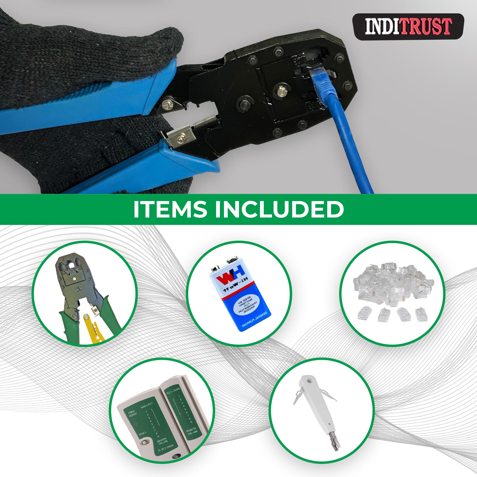 Inditrust Rj45 Rj11 Crimping Tool, double colour grip 150B cutter, KD-1 Professional Punch Down Tool, Network Lan Cable Tester, 9V battery & 25 Pcs RJ45 Connectors Combo Set – view 3