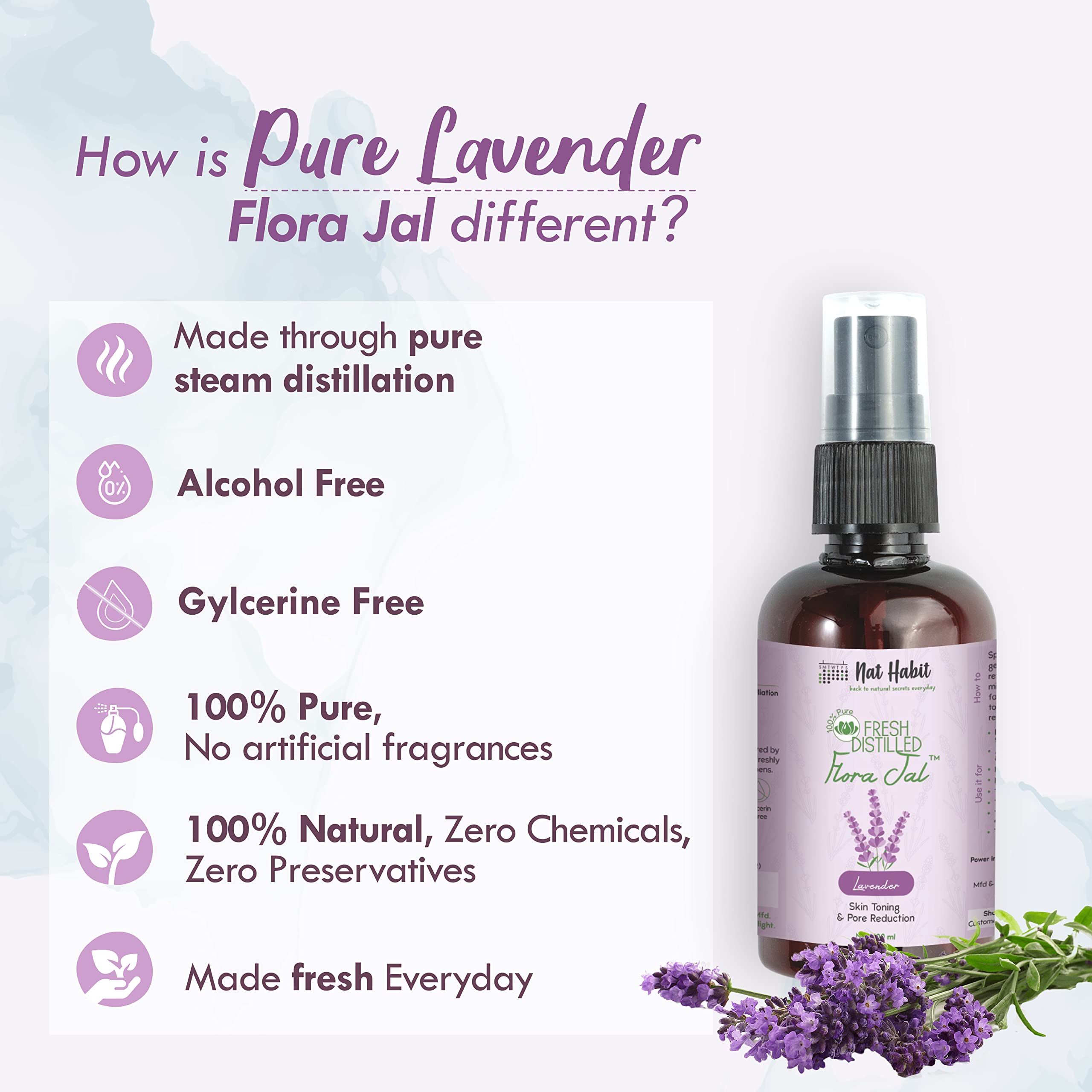 Nat Habit - 100% Pure Lavender Jal - Lavender Water - Toner, Face-Mist, Astringent & Face Spray- Ayurvedic Steam-Distilled For Oil-Control, Acne-Control, Skin Hydration (Pack of 3, 100 ml) – view 4