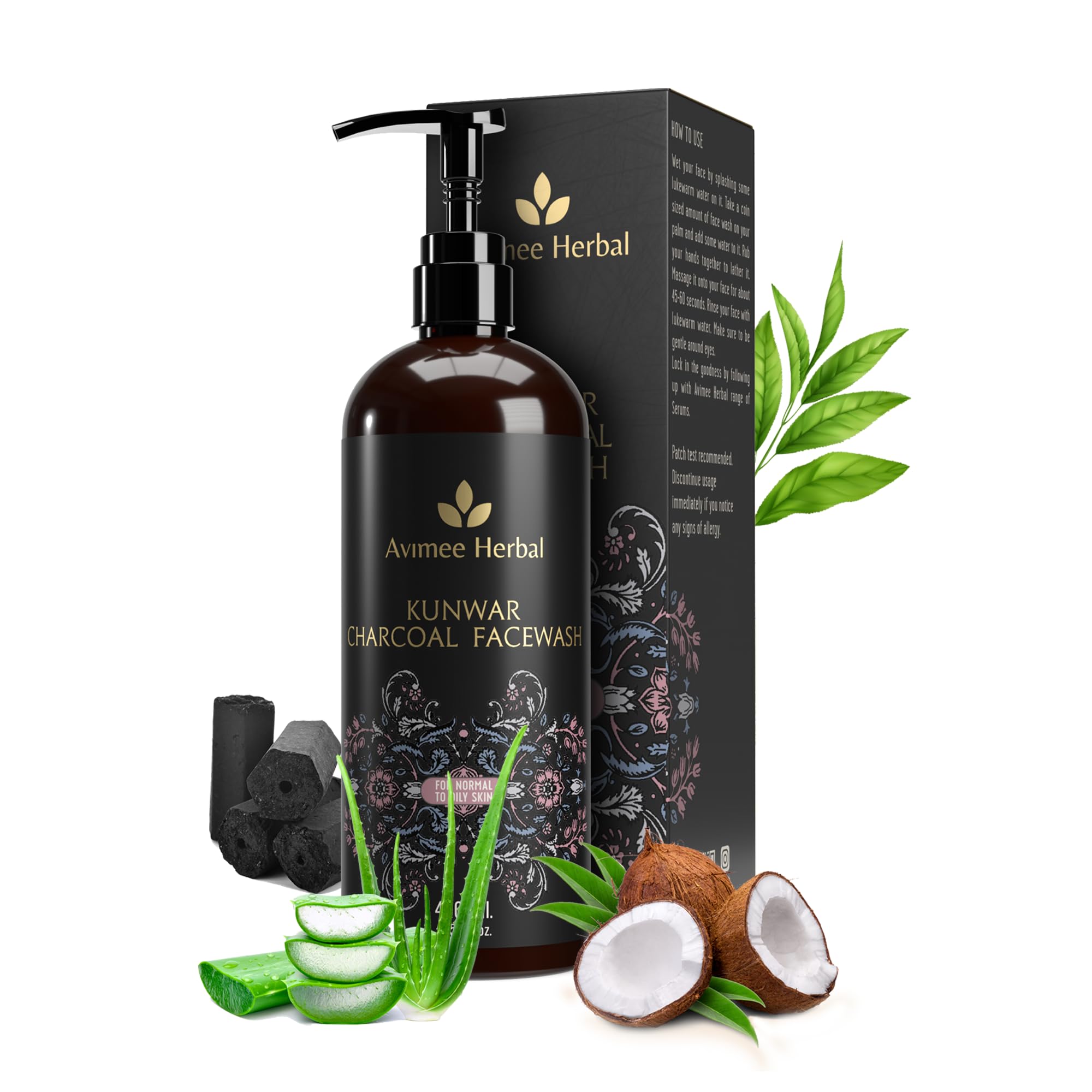Black bottle of Avimee Herbal charcoal face wash