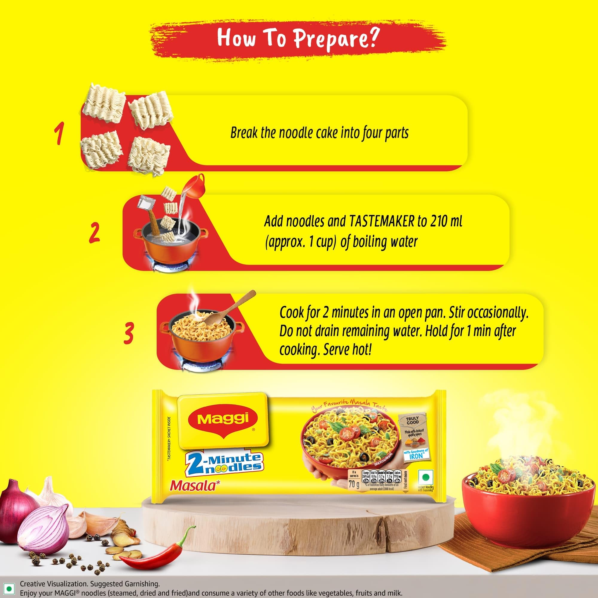 MAGGI 2-minute Instant Noodles, Masala Noodles with Goodness of Iron, Made with Choicest Quality Spices, Favourite Masala Taste, 70g ( Pack of 12 ) – view 5
