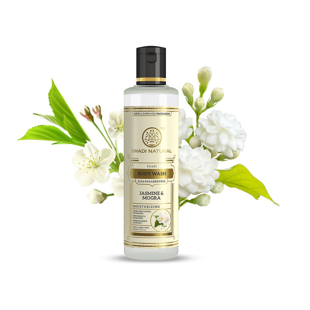 Front view of Khadi Natural Jasmine & Mongra body wash bottle