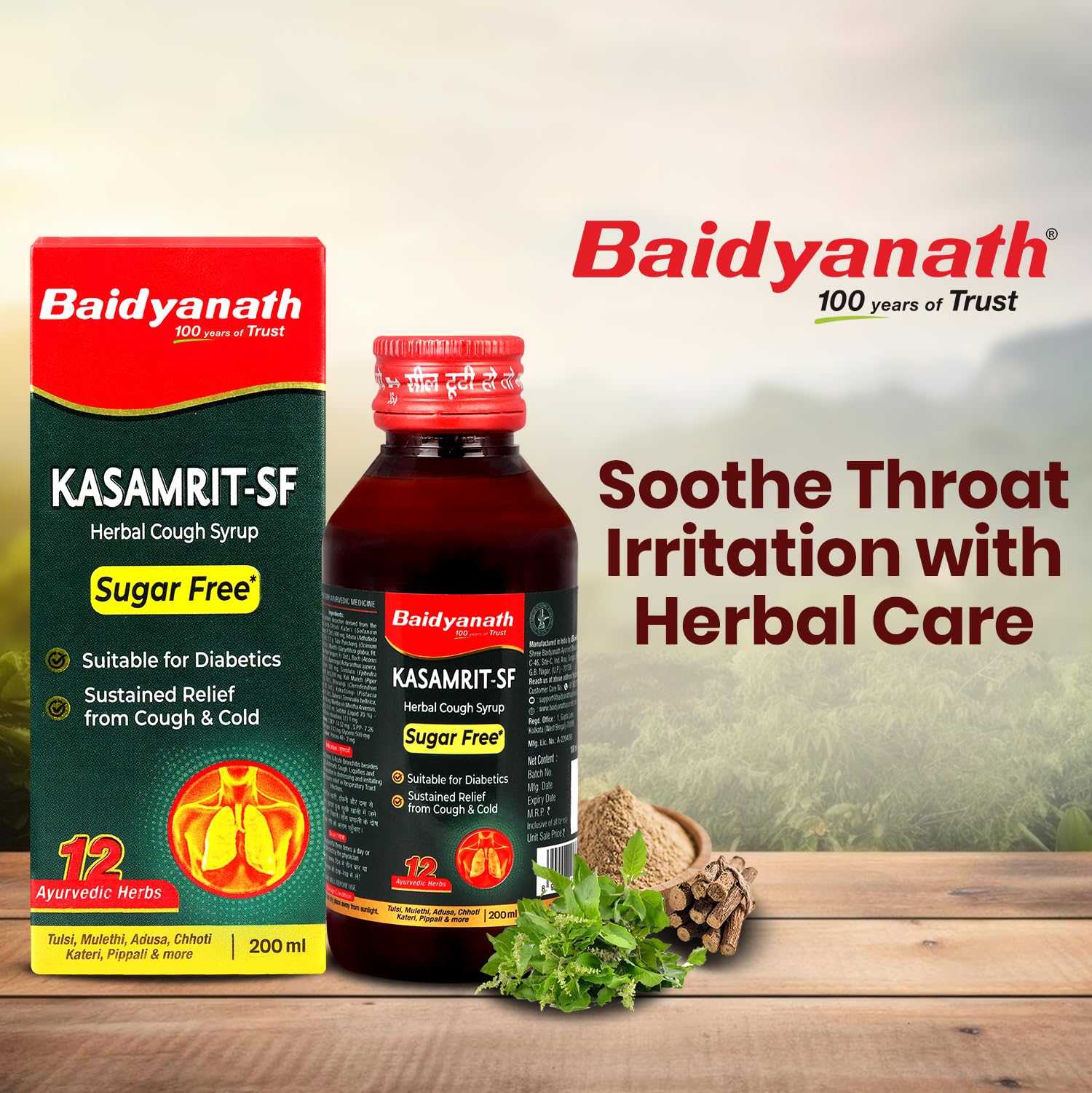 Baidyanath Kasamrit Sugar Free Herbal and Ayurvedic Cough Syrup, Non-Drowsy Formula, with Goodness of Tulsi, Mulethi, Pippal, Chhoti Kateri and 9 other Essential Herbs – view 2