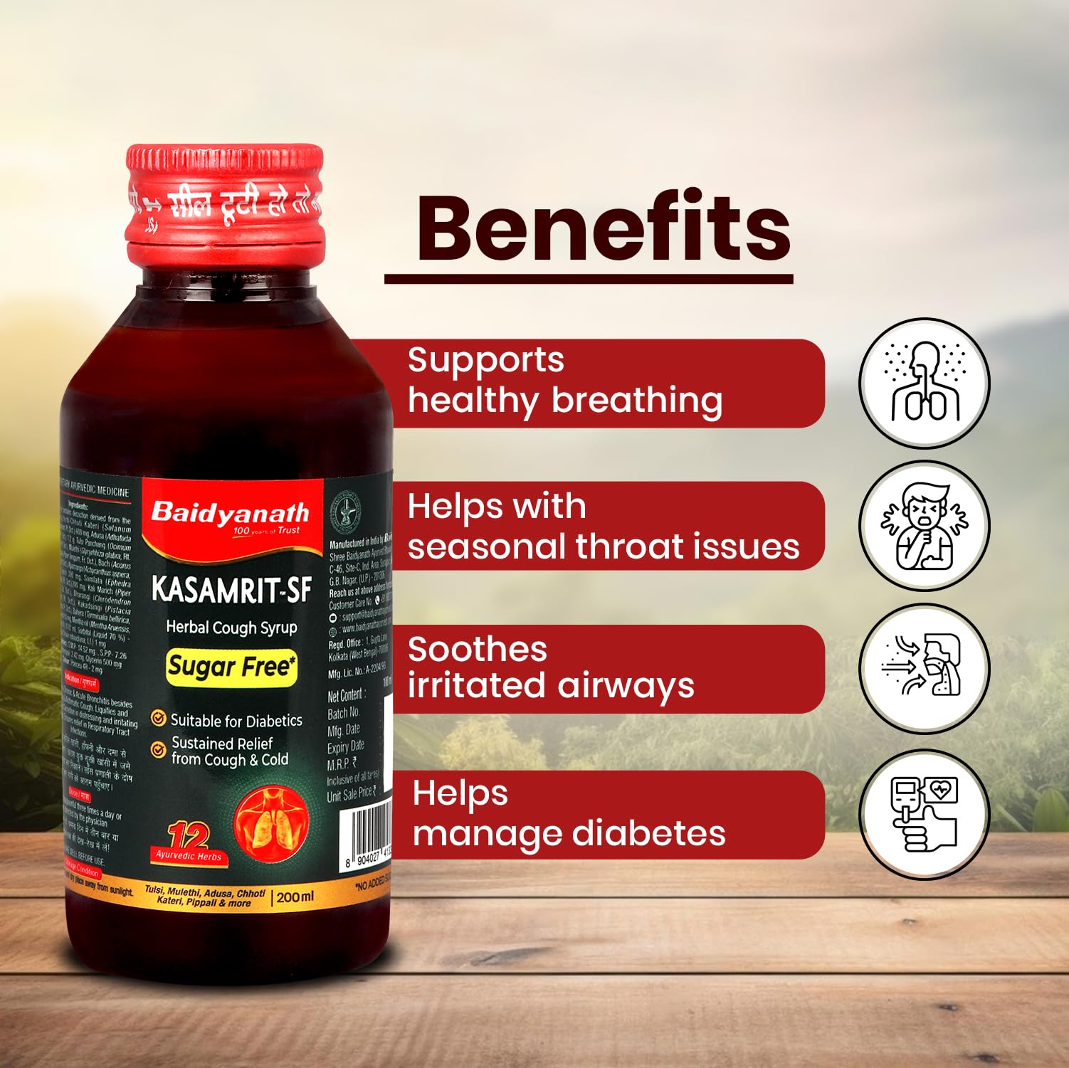Baidyanath Kasamrit Sugar Free Herbal and Ayurvedic Cough Syrup, Non-Drowsy Formula, with Goodness of Tulsi, Mulethi, Pippal, Chhoti Kateri and 9 other Essential Herbs – view 3