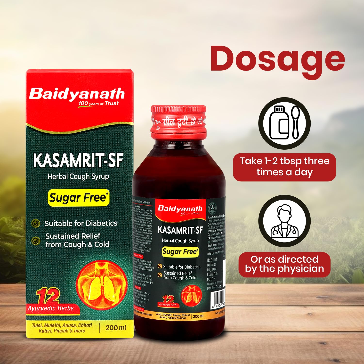 Baidyanath Kasamrit Sugar Free Herbal and Ayurvedic Cough Syrup, Non-Drowsy Formula, with Goodness of Tulsi, Mulethi, Pippal, Chhoti Kateri and 9 other Essential Herbs – view 5