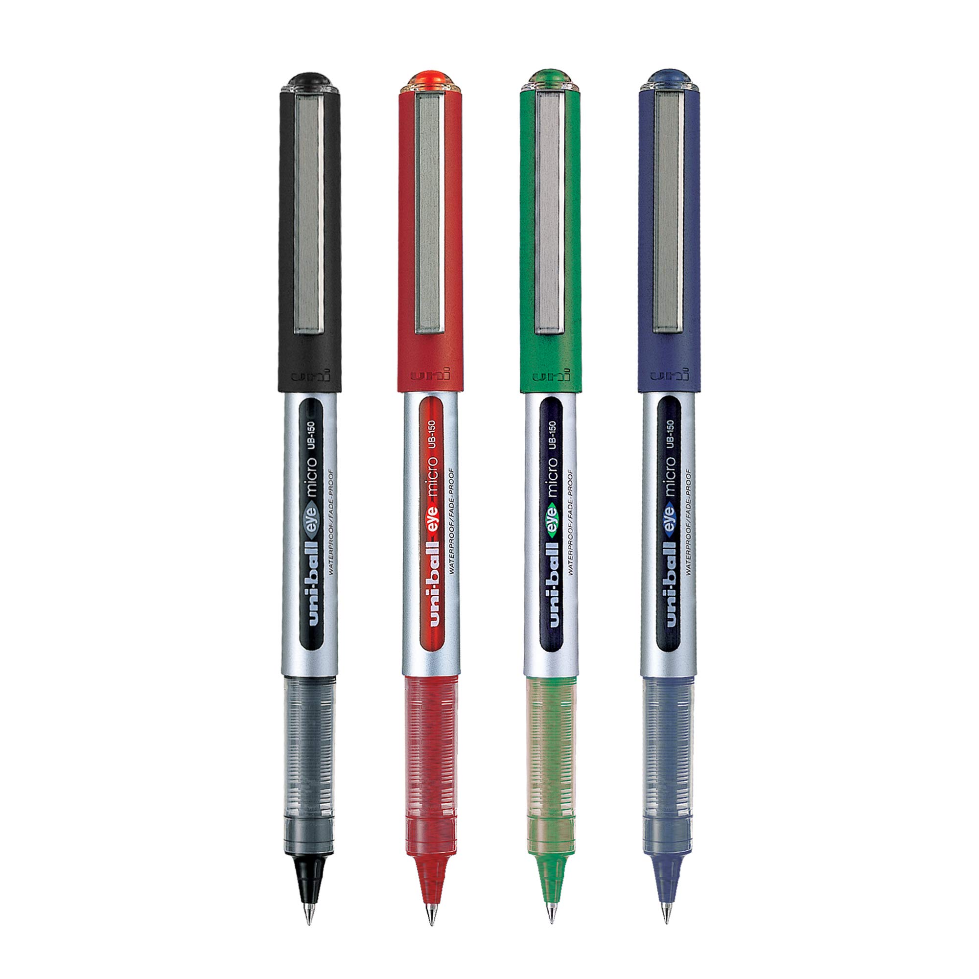 Four uni-ball Eye UB150 roller ball pens in assorted ink colors
