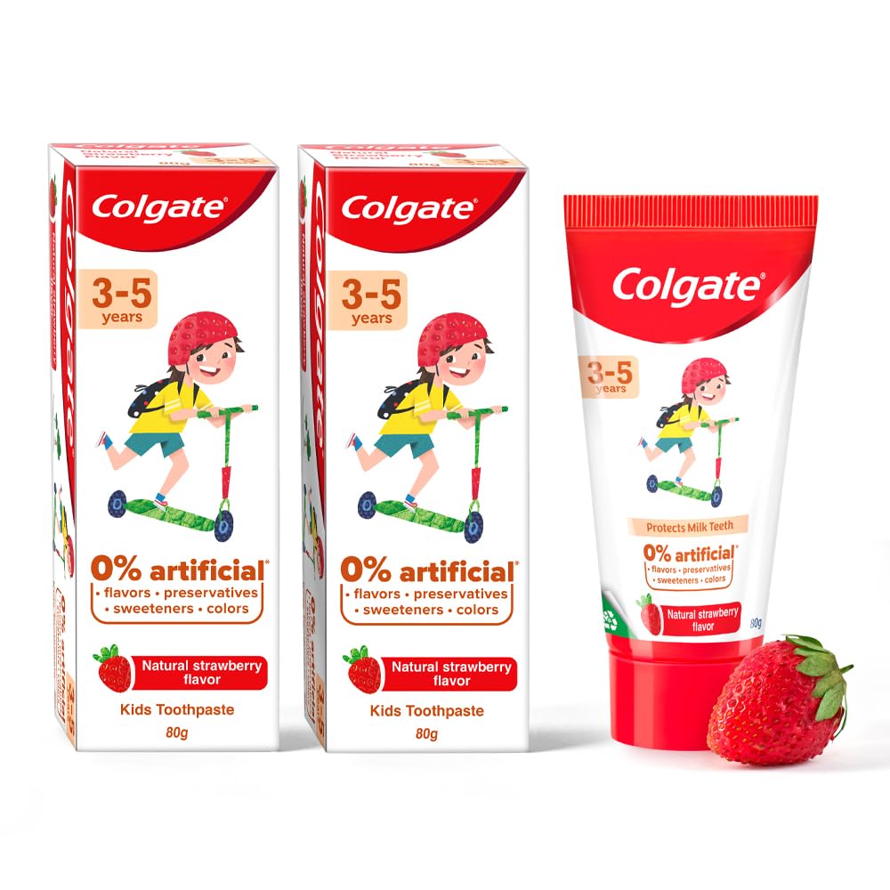 Two Colgate kids toothpaste tubes for ages 3-5 strawberry flavour