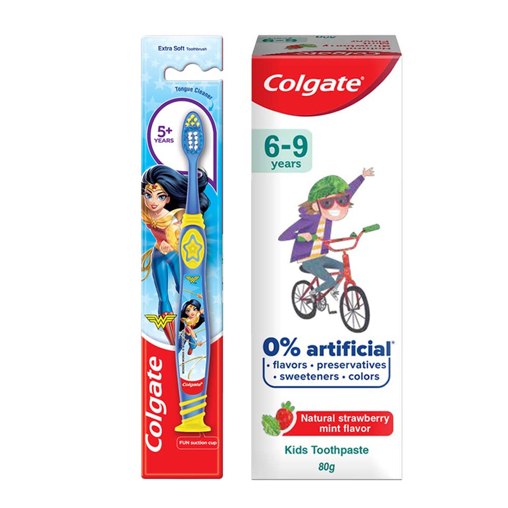 Kids strawberry mint toothpaste and Wonder Woman compact toothbrush set