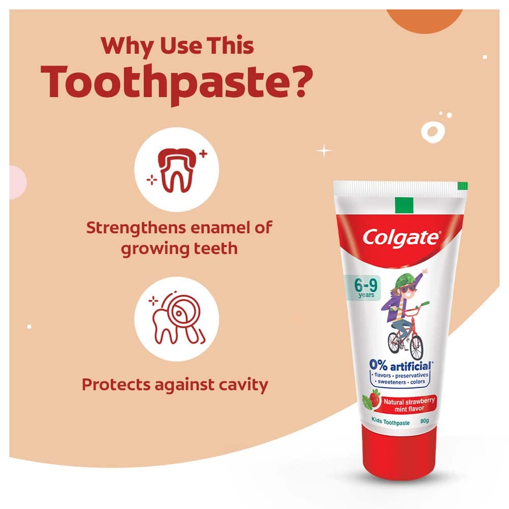 Colgate Toothpaste for Kids (6-9 years), Natural Strawberry Mint Flavour, 0% Artificial- 80g with Kid's Wonder Woman Extra Soft Toothbrush (5+ yrs) - 1 Pc – view 4