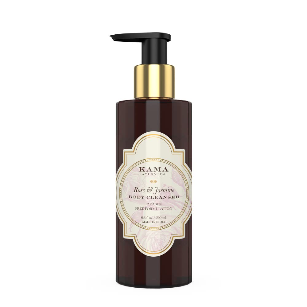 Rose and jasmine body cleanser bottle by Kama Ayurveda