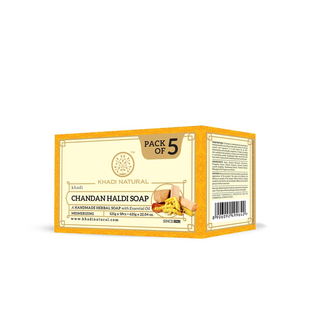 Five Khadi Natural Chandan Haldi herbal soap bars in box