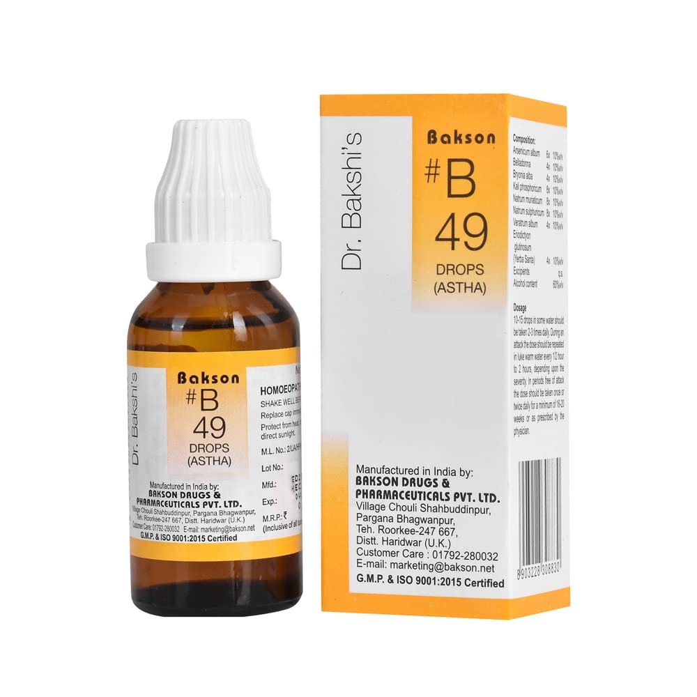 Front view of Bakson's B-49 Astha Drops bottle