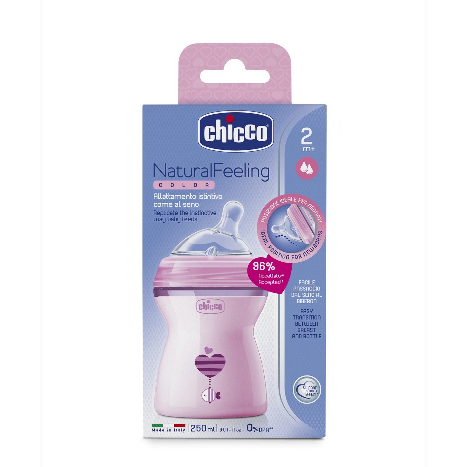 Chicco Natural Feeling 250ml Baby Milk Feeding Bottle with Wide Neck, Anti-Colic for Easy Milk Flow, for Babies & Toddlers 2m+ (Pink) – view 2