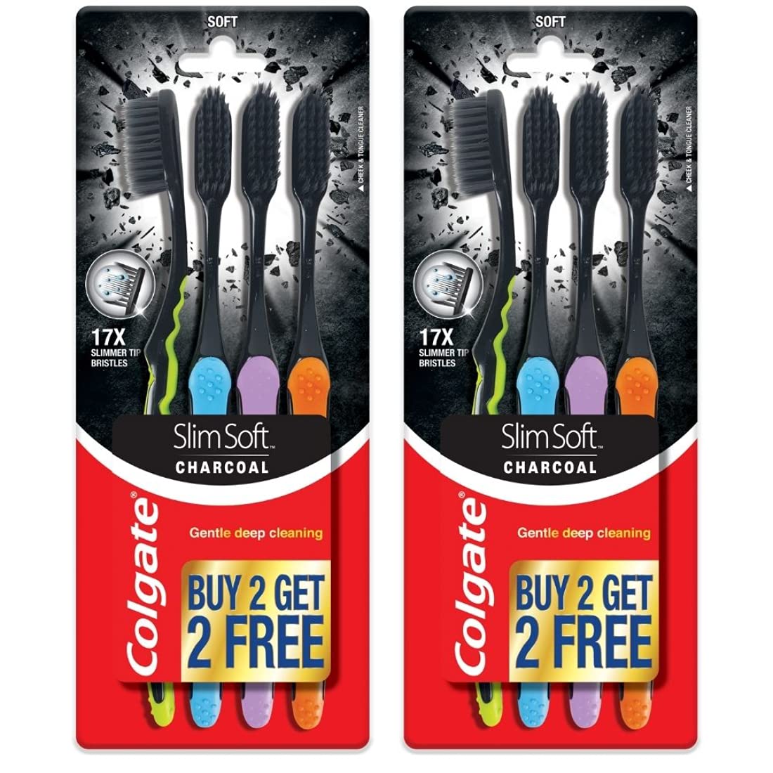 Eight-count Colgate charcoal toothbrushes with slim soft black bristles